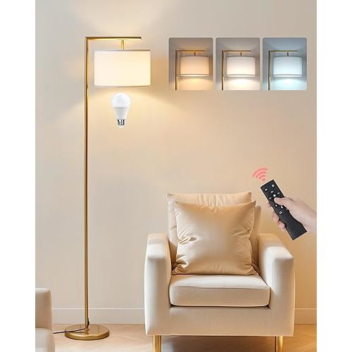 Gold Dimmable Floor Lamp, Modern Arc Lamp with Remote, Standing Corner Light with Lampshade, Tall Reading Lighting for Bedroom, Living Room, Office, Den, White, LED Bulb Included, DW11LD05
