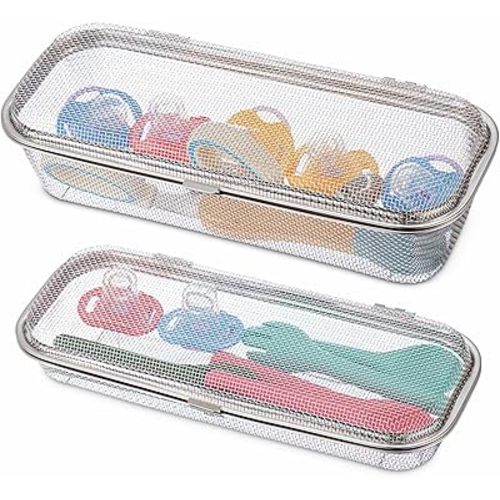 LemonRoad 2 Pack Stainless Steel Dishwasher Basket, Replacement Utensil Mesh Drain for Small Bottle Parts, Pacifiers, and Accessories, Scoops, Forks, Chopsticks Cleaning (Large+medium)