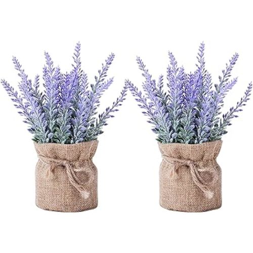 2 Pack Small Burlap Potted Lavender Flowers - Lavender Artificial Plants and Flocked Charming Purple for Warm and Loving Table Decor Christmas Decoration