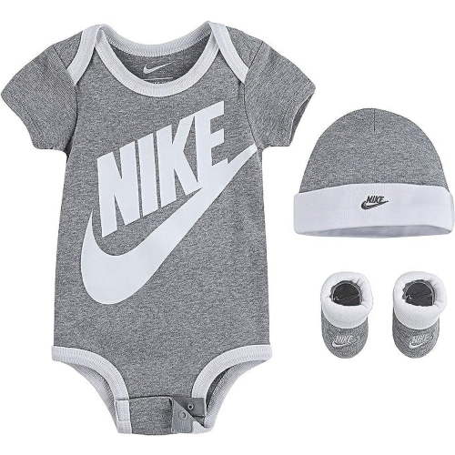 Nike 3 pc Infant Layette Set Bodysuit, Hat, Booties in Grey/White, 6-12 Months