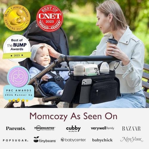 Momcozy Universal Stroller Organizer with Insulated Cup Holder Detachable Phone Bag & Shoulder Strap, Fits for Stroller like Uppababy, Baby Jogger, Britax, BOB, Umbrella and Pet Stroller - Black