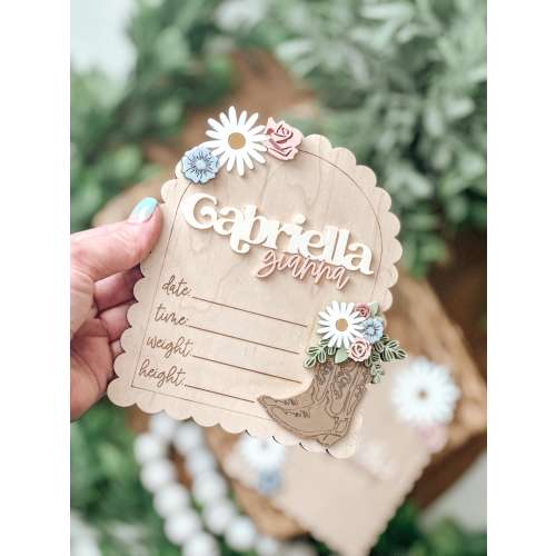 Baby Birth Stats Board, Cowgirl Baby Name Announcement, Birth Announcement, Baby Name Sign, Baby Prop, Boots, Flowers, Western, Baby Girl