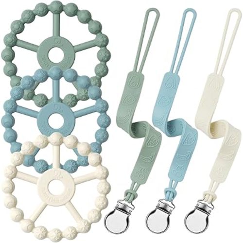 Silicone Ring Teether and Pacifier Clip, Seposeve Pack of 3 Baby Pacifier Teether Clip for Babies, Teething Ring Toys, Keeps Teethers Clean, 6-12 Months 12-24 Months