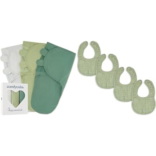 Comfy Cubs Swaddle Blankets and Green Muslin Baby Bibs Bundled