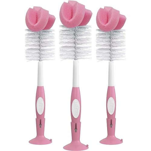 Dr. Brown's Reusable Sponge Baby Bottle Cleaning Brush Set with Suction Cup Stand, Scrubber and Nipple Cleaner, Pink, 3 Pack