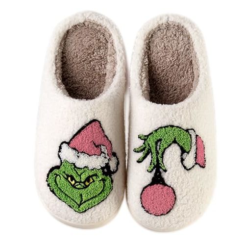 Qubuwalk Christmas Santa Reindeer Slippers - Soft Plush Fuzzy Cozy House Slippers for Women Men Indoor Outdoor Shoes