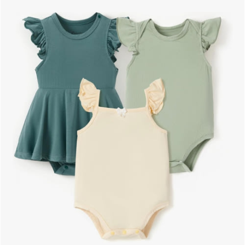 PATPAT Baby Girl Bodysuits - Soft Bamboo Viscose - Flutter Sleeves Cute Dress - Newborn Infant Summer Clothes - 3 Pack