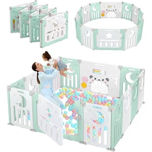 Baby Playpen, Dripex Foldable Playpen for Babies and Toddlers, Custom Shape Baby Fence, Safety Play Yard with Gate, Portable Play Area for Indoor or Outdoor, Light Green White, 14 Panel