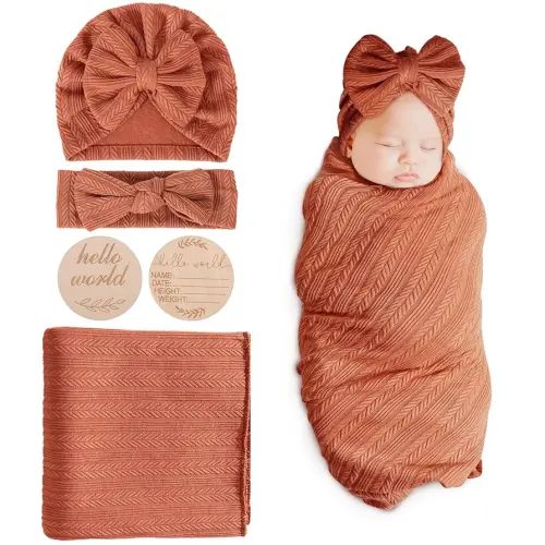 BQUBO Baby Swaddle Blankets for Girls, 4PCS Newborn Accessories Set with Matching Hat and Bow Headband with Hello World Wooden Birth Announcement Card