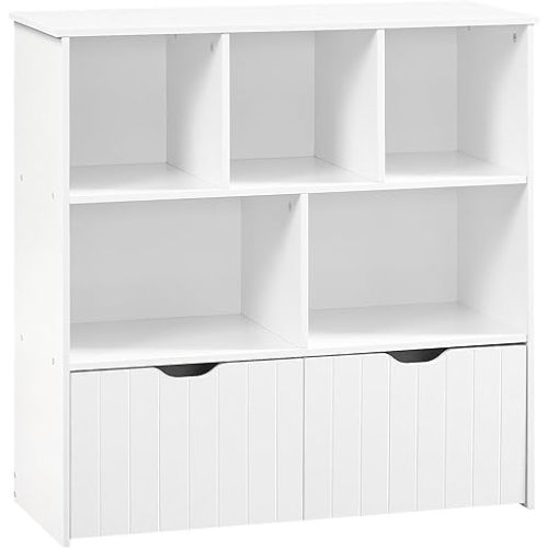 HOOBRO Toy Storage Organizer, Toy Organizers and Storage with 2 Movable Drawers and 5 Cubbies, Toy Chest Shelf Organizer for Books or Dolls, Kids Bookshelf and Toy Storage for Playroom, White WT88CW01