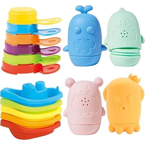Bath Toys for Kids Ages 1-3, 15 PCS Mold Free Toddler Bath Toys for 2-4 Bathtub Water Table Pool Toys with Stackable Boats and Spoons and Silicone Bath Toy for Babies 6-12 Months, Baby Gifts