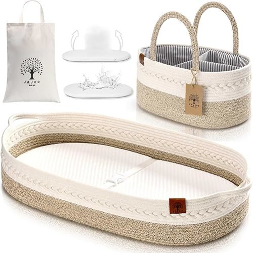 J&JOO Baby Changing Basket Includes Diaper Caddy - Portable, Breathable, Changing Table Topper, Changing Pad for Dresser, Cotton Rope Baby Basket, Baby Mat, Gift for Baby Shower