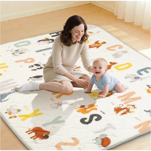 Baby Play Mat for Floor, 71x59 Playpen Mat, Thick Non-Slip Floor Mat for Crawling & Tummy Time, Washable Activity Playmat with Animal Alphabet Design for Babies, Toddlers & Infants