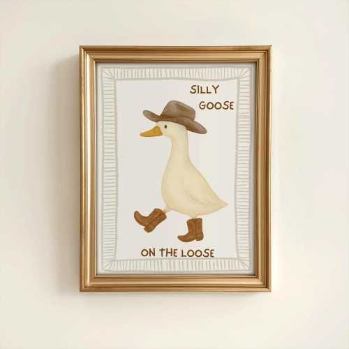 Vintage Cowboy Goose Nursery Wall Art, Western Duck Printable Art, Gender Neutral Playroom Decor