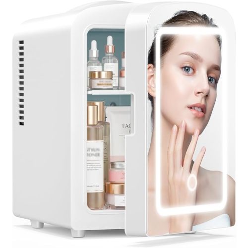 Xbeauty Skincare Mini Fridge, Compact Refrigerator with 4L Capacity/6 Cans，Cooler & Warmer, Removable Shelf for Skincare, Beverages, Cosmetics, Perfect for Dorm, Bedroom, White