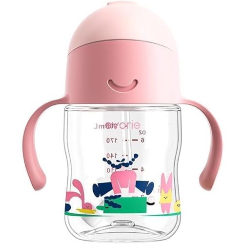Evorie Tritan Weighted Straw Sippy Cup with Handles for Baby and Toddlers 6 months up, 7 Oz Soft Silicone Straw Infant First Training Water Bottle (Pink Fairy tale)