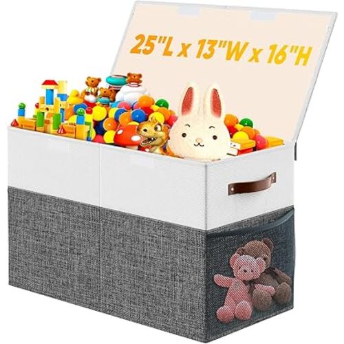 Large Toy Box, Collapsible Storage Organizer Bins with Lids, Sturdy Toy Chest Boxes Baskets for Kids, Boys, Girls, Nursery, Playroom, Living Room, Bedroom, 25"x13"x16", Gray and White