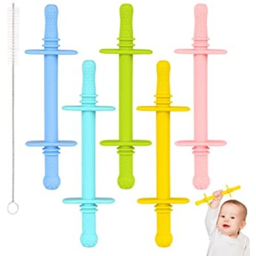 Fu Store Hollow Teether Tube with Safety Shield, 5 Pack Chew Straw Toy for Infant Toddlers Silicone Teething Toys for Babies 3-12 Months BPA Free/Freezable/Dishwasher and Refrigerator Safe