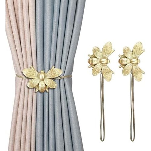 Curtain Holdbacks, Gift Set of 2, Resin Magnetic Curtain Tiebacks Golden Flying Bee Curtain Holders, Decorative Curtain Ties for Drapes, Outdoor Home Office Farmhouse Curtain Decorative Accessories