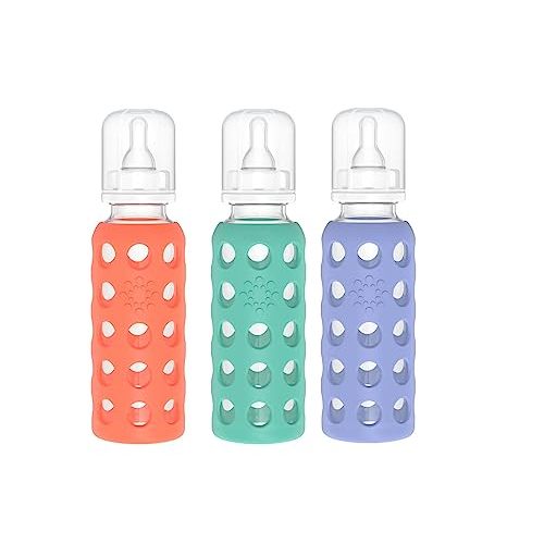 Lifefactory Glass Baby Bottles with Silicone Protection - 3-Pack, 9 oz Bottles, (1- Papaya, 1- Kale & 1- Blueberry)