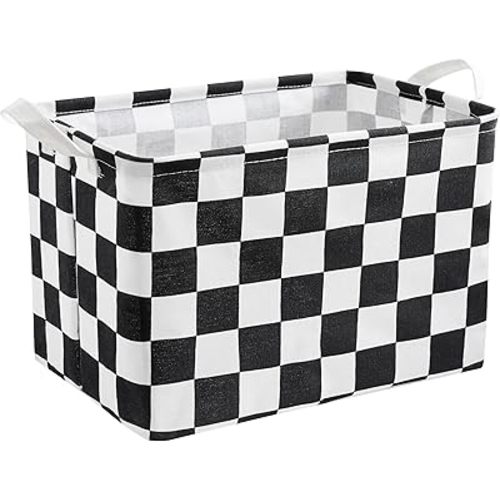 Black White Checkered Canvas Basket, Rectangular Organizing Decorative Storage Basket for Kids Dog Toy, Cute Aesthetic Checkered Room Decor for Home, Kitchen, Bedroom, Classroom, Shelves