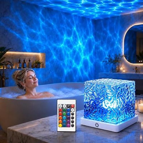 Rechargeable Ocean Wave Projector Light, 16 Color Changeable & Dimmable Shower Lamp with Remote, Cube Mood Ambient Lighting, Ocean Room Decor, Cordless Night Light for Bathroom, Room Decor