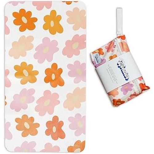 Vegan Leather Changing Mat with Reusable Waterproof Wet Bag - Non-Toxic, Portable Diaper Pad That Folds and Wipes Clean (16 x 30 Inches) (Floral)