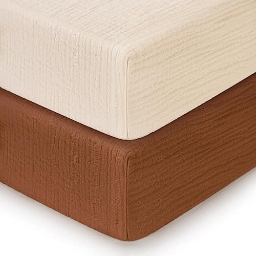 Pro Goleem 2 Pack Muslin Crib Sheets for Boys and Girls, 100% Cotton Soft Breathable Neutral Fitted Baby Bed Sheets Set for Standard Crib Mattress & Toddler Mattress 52"x28", (Brown＆Beige)