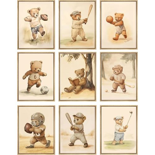 9Pcs Baby Bear Sports Nursery Wall Art Baby Bear Basketball,Baseball Posters Prints,Vintage Cute Animal Pictures Paintings for Children Bedroom decoration (8 * 10in Unframed)