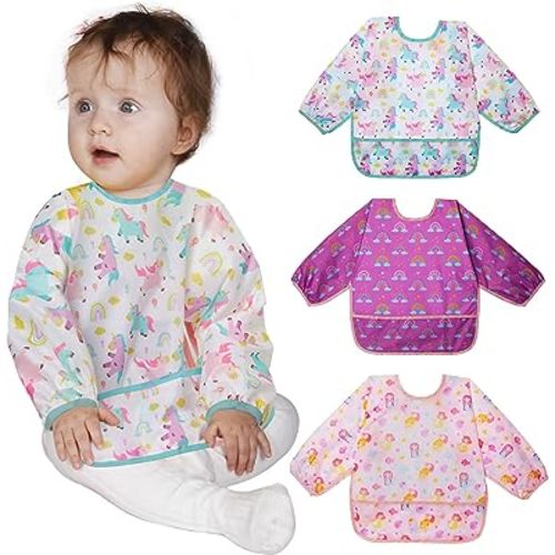 Lictin 3 Pcs Baby Bibs for Boy or Girl,Long Sleeve Bib,Waterproof Bibs for Toddlers,Adjustable Closure Baby Smock,6-24 Months