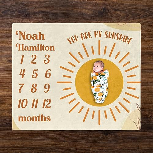 L&NG Personalized Sun Motif Infant Blanket, Sun Milestone Blanket, You are My Sunshine Baby Blankets, Baby Shower Newborn Gift, Monthly Photo Baby Custom Milestone Blankets, Personalized Blanket'Baby