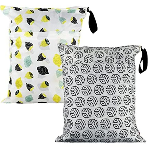 2Pcs Waterproof Reusable Wet & Dry Bag for Baby Cloth Diaper Gym Clothes Travel Bags Washable Beach Pool Swimsuits Pockets with Two Zippered Dirty Diapers Stroller Yoga Toiletries Daycare Organizer
