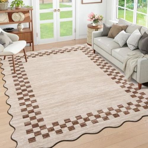 Area Rug Scalloped Rug Modern Bordered Rug Geometric Non Slip Low Pile Soft Accent Rugs for Living Room Bedroom