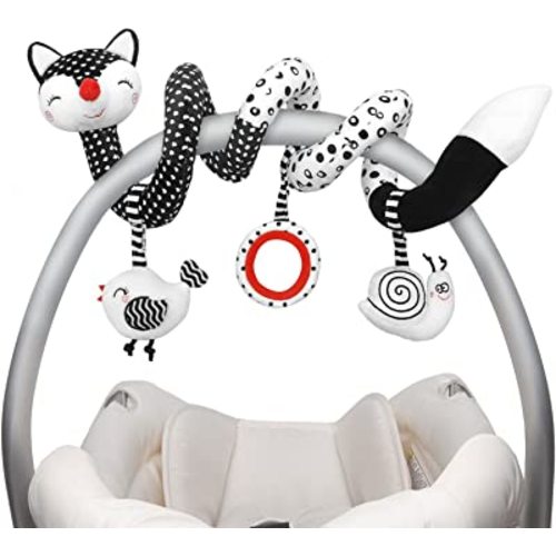 Euyecety Baby Spiral Plush Toys, Black White Stroller Toy Stretch & Spiral Activity Toy Car Seat Toys, Hanging Rattle Toys for Crib Mobile, Newborn Sensory Toy Best Gift for 0 3 6 9 12 Months Baby-Fox