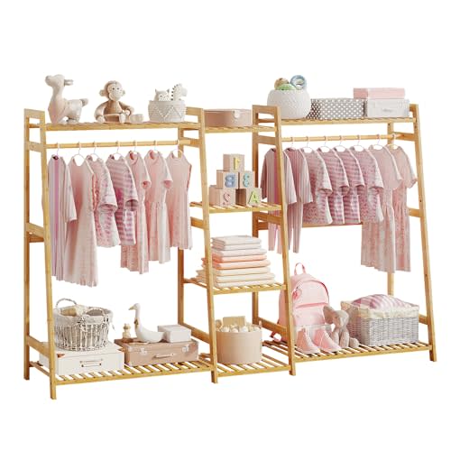 BAMBOOHOMIE Kids Clothing Rack with Shelves, Bamboo Clothes Garment Rack for Kids Child Baby, Kids Dress Up Storage Rack with Top Shelf, Toddlers Wardrobe Closet for Nursery (Large Size)