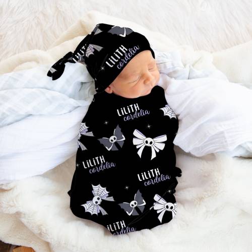 Gothic Swaddle With Name, Personalized Soft & Stretchy Swaddle Set, Skull Bow Minky Baby Blanket, Dark Gothic Halloween Nursery Bedding