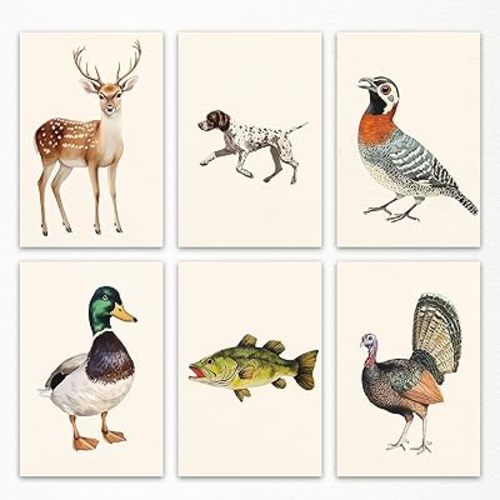 Nursery Animal Canvas Wall Art, Mallard Duck Hunting Poster, Deer Wall Art, Fish Fishing Wall Decor, Set of 6 Watercolor Animals Painting for Kids, Dog Bird Turkey Print Cabin Art 8x12in Unframed