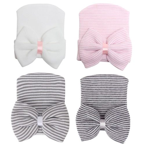 DRESHOW BQUBO 4 Pack Newborn Hospital Hat Infant Baby Hat Cap with Big Bow Soft Cute Knot Nursery Beanie