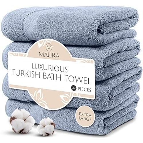 MAURA Light Blue Extra Large Turkish Cotton Luxury Bath Towels Set of 4. Ultra-Soft, Thick & Plush Towels for Bathroom - Serenity Blue