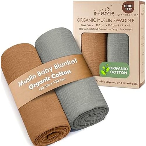 Organic Cotton Muslin Baby Blanket - 47x47 Inch Breathable Swaddle, Hypoallergenic Double-Layer, Versatile Use (Gold/Sage)