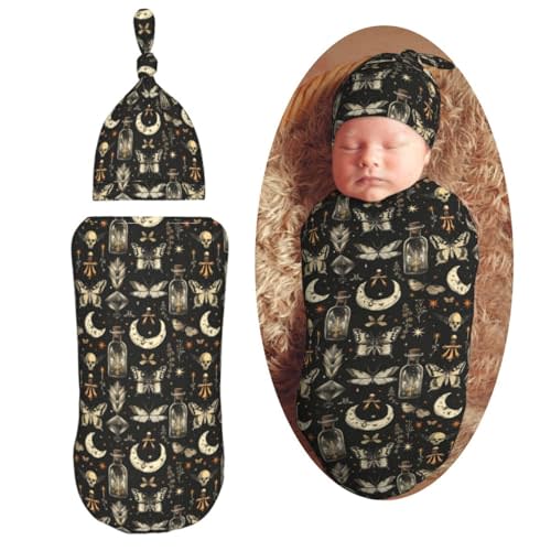 Moths and Moons Newborn Swaddle Blankets Hat Sets Soft Baby Receiving Blanket Swaddle Sack for Baby Shower Infant Boy Girl Gift