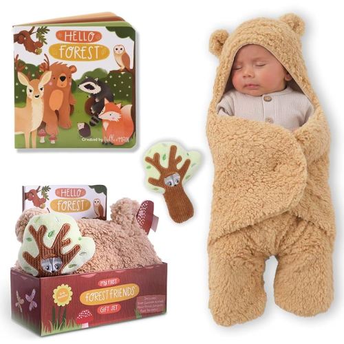 Tickle & Main 3 Pieces Forest Animal Registry Gift Sets for 0-12 Months Baby, Newborn Bear Swaddle Blanket Set, 16-Page Storybook with Cute Plush Cotton Tree Rattle Toy