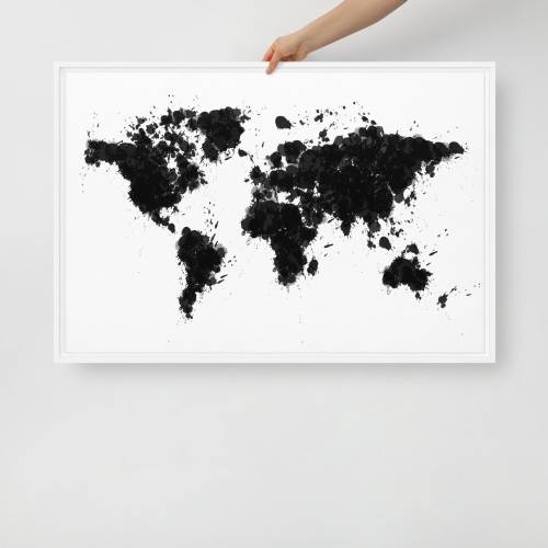 Black and White World Map Framed Canvas Art Print | Framed World Map Canvas | World Map Print | World Map Gift | World Map Wall Art