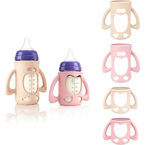 4-Pack Silicone Sleeves for New Lansinoh Glass Bottles, BPA-Free Drop-Resistant Baby Bottle Sleeves with Handles, Compatible with Lansinoh Anti-Colic Glass Baby Bottles (5 & 8 oz)