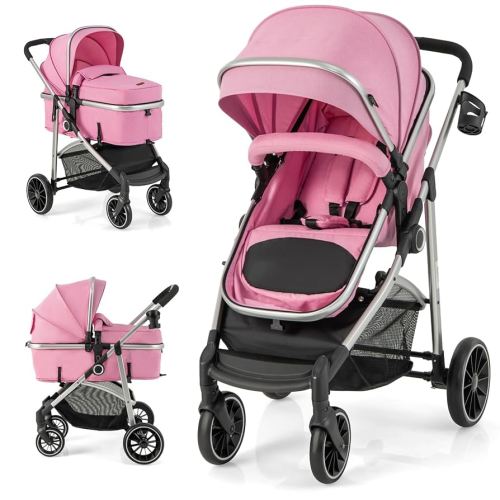 BABY JOY 2 in 1 Convertible Baby Stroller, High Landscape w/Reversible Seat, Removable Footmuff, Adjustable Backrest & Canopy, Foldable Infant Pram Stroller for 0-36 Months Babies, Pink