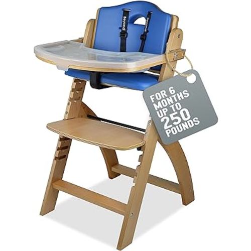 Abiie Beyond Junior Wooden High Chair with Tray - Convertible Baby Highchair - Adjustable High Chair for Babies/Toddlers/6 Months up to 250 Lbs - Stain & Water Resistant Natural Wood/Blue Cushion