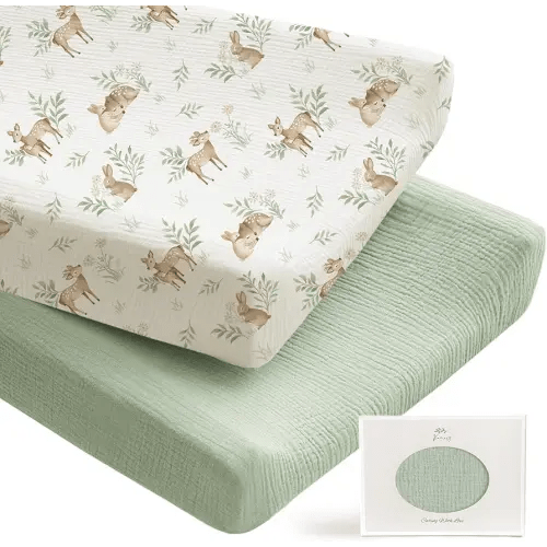 Konssy 2 Pack Muslin Changing Pad Covers for Boys, Ultra Soft & Breathable Cotton Baby Diaper Changing Table Covers, Neutral Nursery Diaper Changing Pad Sheets (Woodland,Sage)