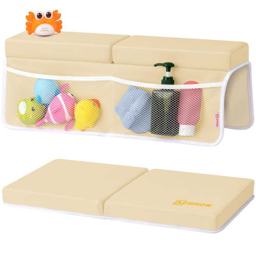 ACGROW Bath Kneeler and Elbow Rest Pad Set - 1.5" Thick Baby Bath Kneeler Pads with Toys Organizer, Anti-Slip Cozy Knee & Arm Support Bathtub Mat, Quick Dry Kneeling Pad for Baby Bath Time Yellow