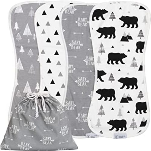Pondering Pine Organic Burp Cloths with Burp Cloth Bag - Baby Bear Burping Cloths for Boy or Girl - XLarge Soft Spit Up Rags, Extra Absorbent, Woodland Nursery, 4 Pack