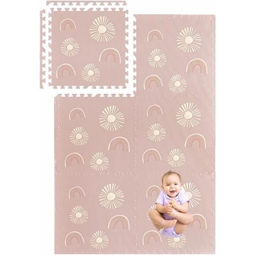 Play Mat for Baby, Toddler and Infants, Six Interlocking Tiles Made with Soft Non-Toxic EVA Foam, 4x6 feet (Sunset & Rainbows (Dusty Rose))